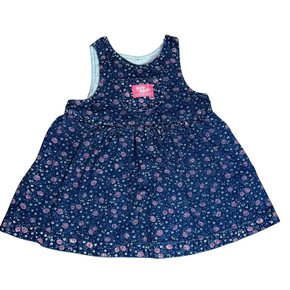 Vintage 90s Baby OshKosh B'gosh denim pink floral jumper dress girls 24 months